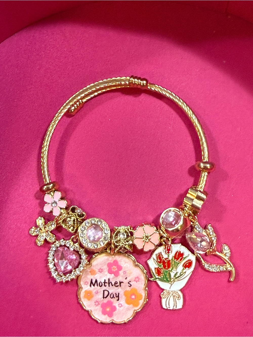 Gold-Tone Pink Floral Mother's Day Charm Bangle Bracelet